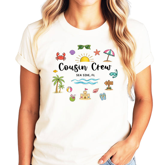 Detailed view of beach-themed illustration with seashells, starfish, and palm trees design