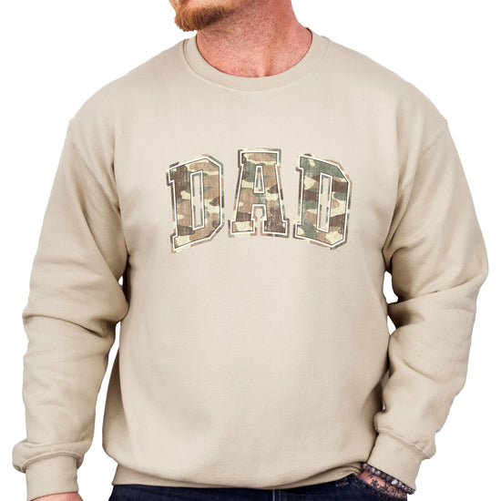 Side view of camo dad hunting sweatshirt showing fit and style
