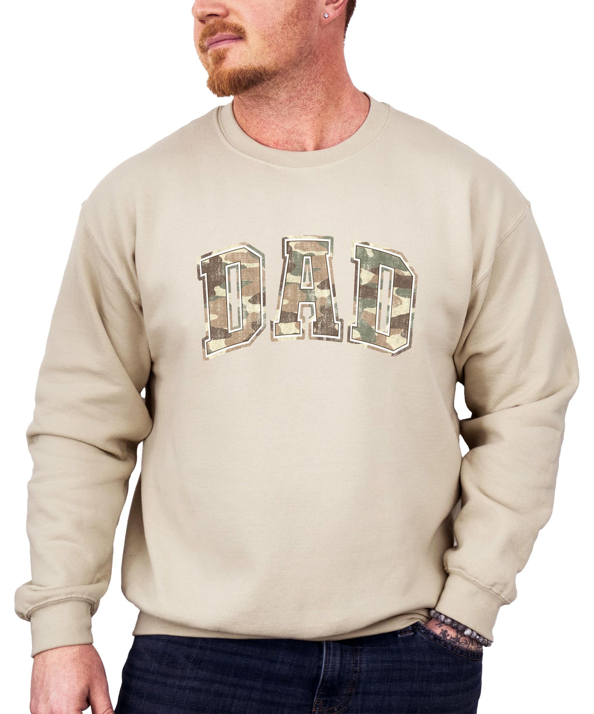 Side view of camo dad hunting sweatshirt showing fit and style