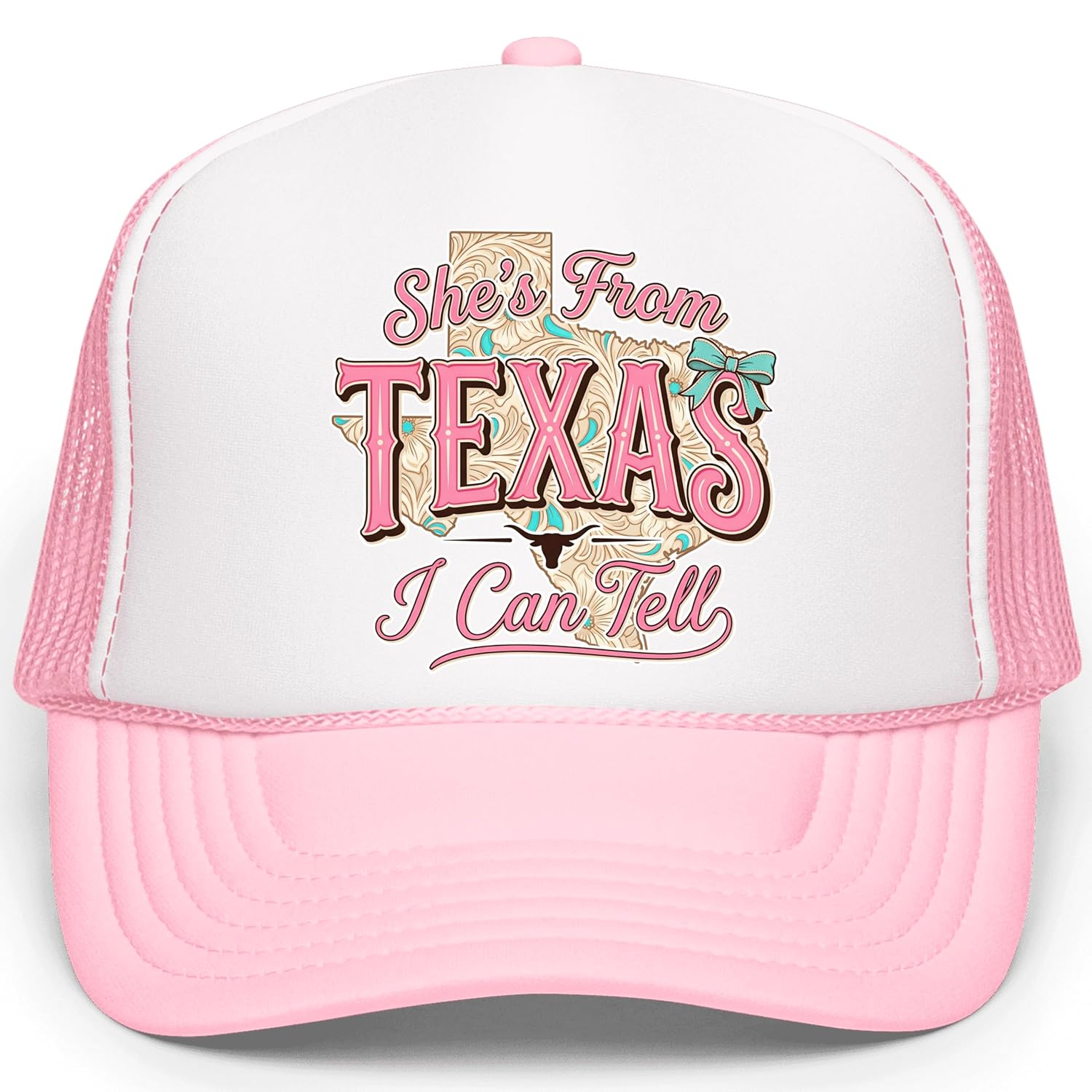 White trucker hat styled on model showing fit and western cowgirl aesthetic