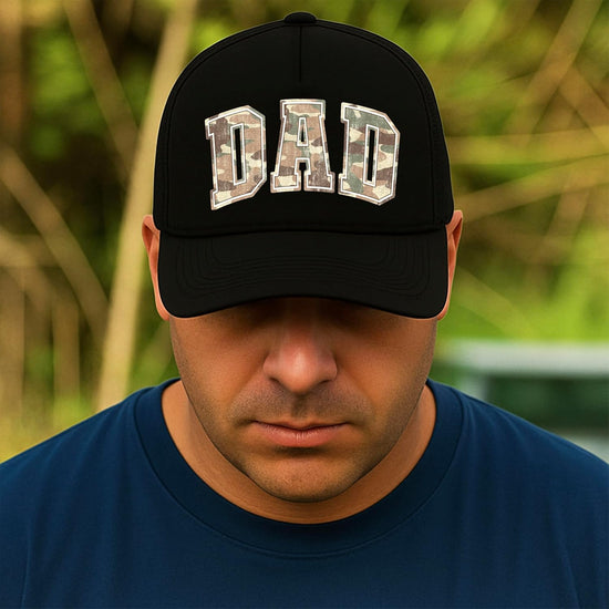 Dad camo trucker hat flat lay showing full design and structured 5-panel construction