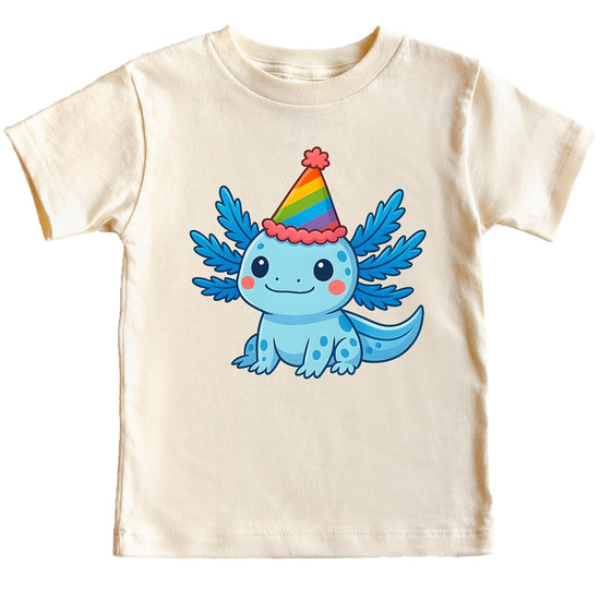 Kids axolotl birthday shirt mockup showing cute smiling axolotl with colorful party hat design