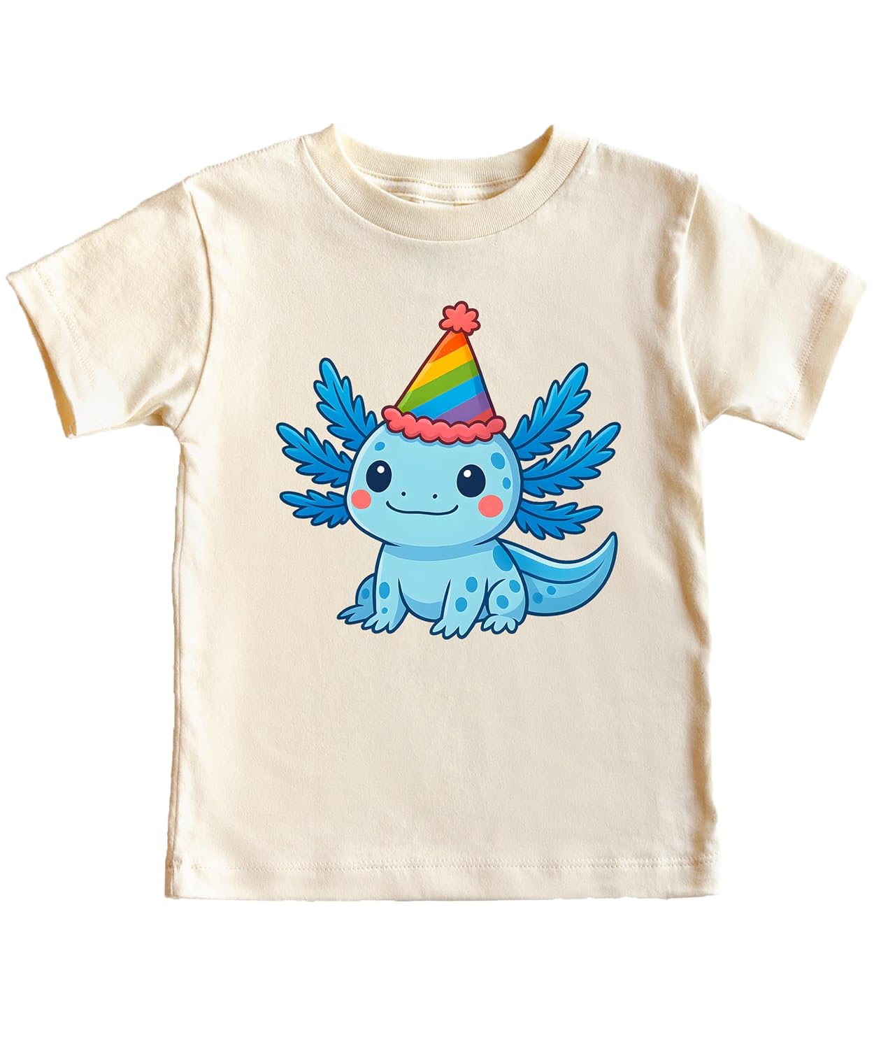 Kids axolotl birthday shirt mockup showing cute smiling axolotl with colorful party hat design