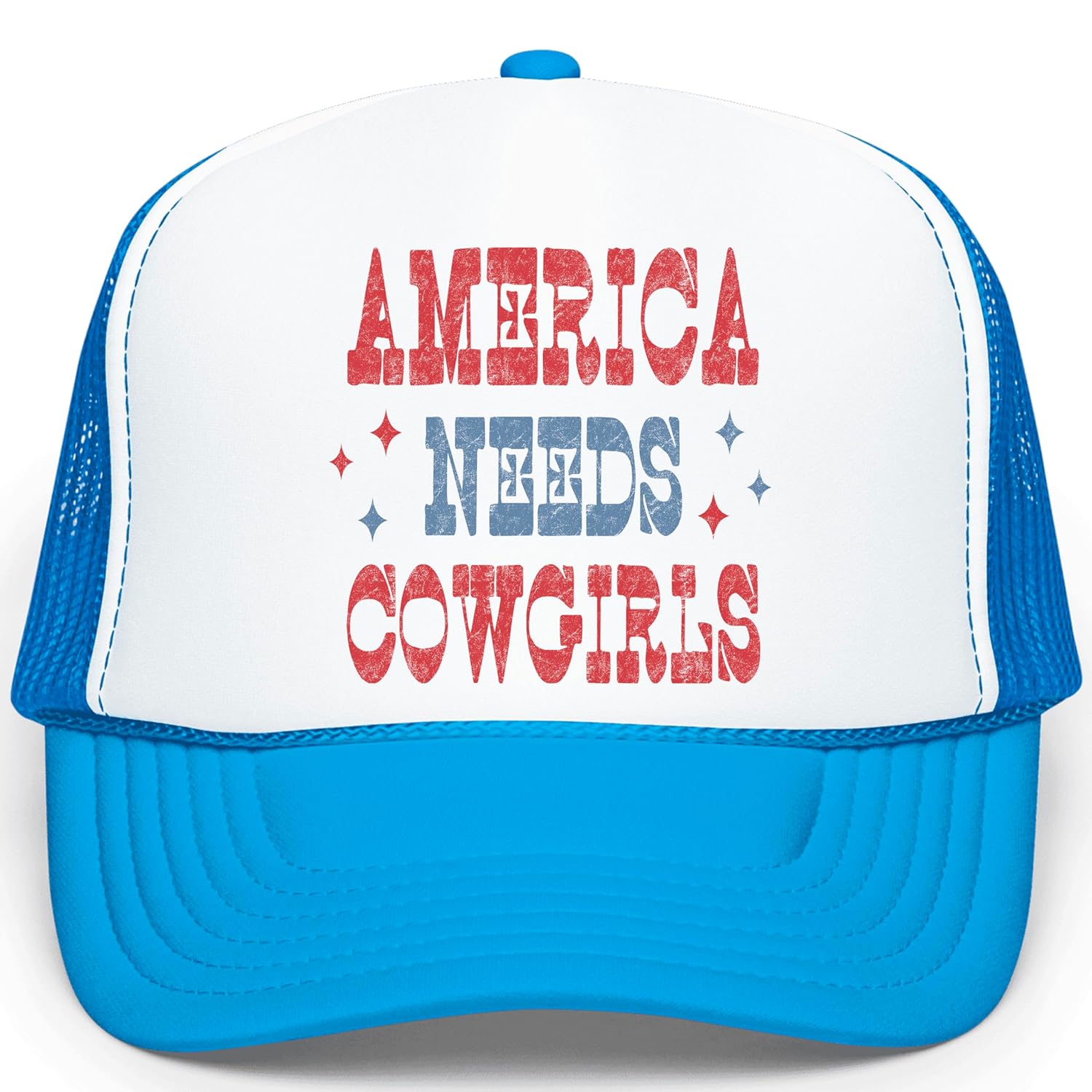 Side view of America Needs Cowgirls patriotic trucker hat showing white mesh back and structured crown profile