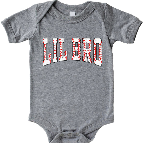 Close-up of Lil Bro baseball theme bodysuit showing varsity font and stitching graphic design