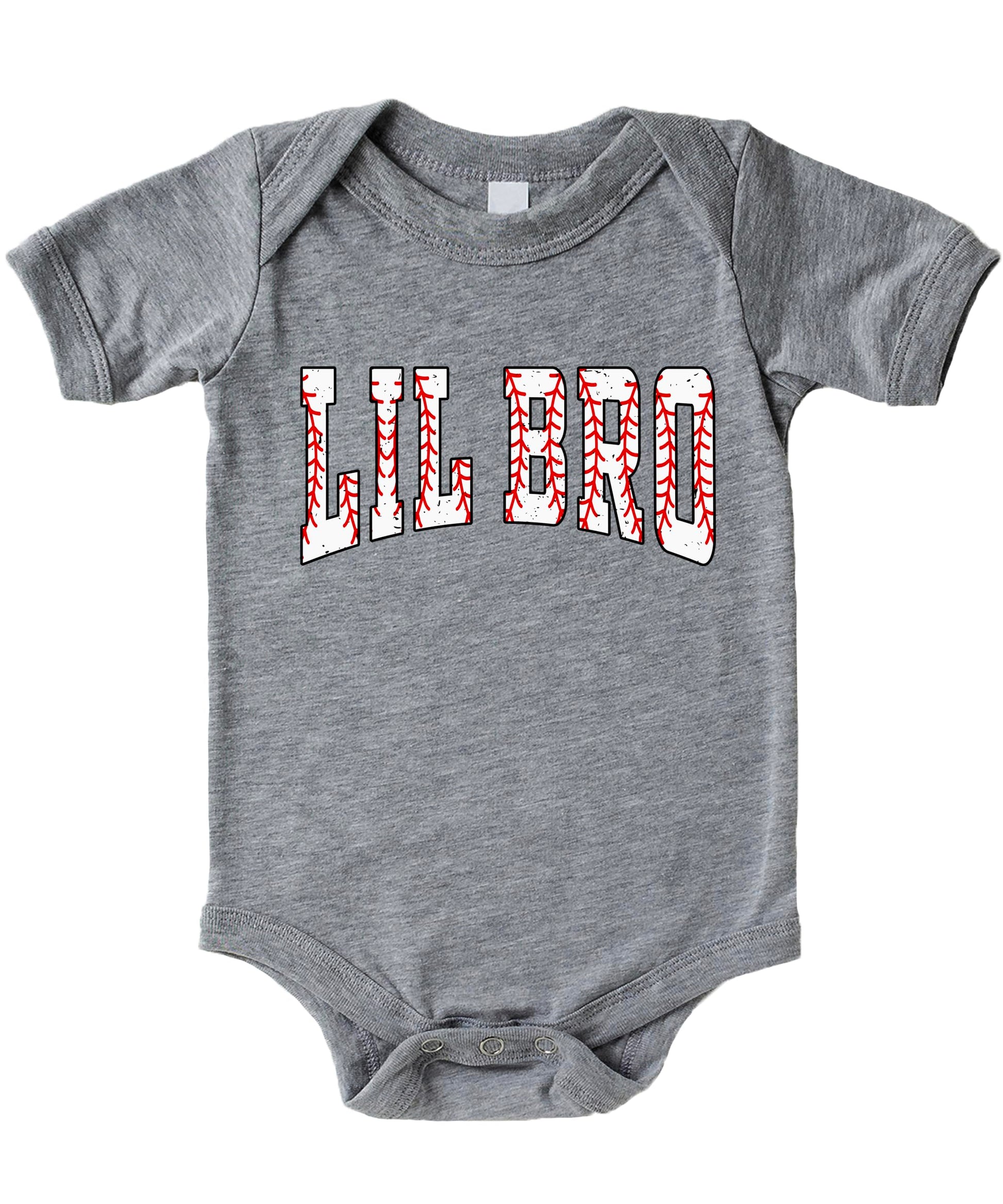 Close-up of Lil Bro baseball theme bodysuit showing varsity font and stitching graphic design