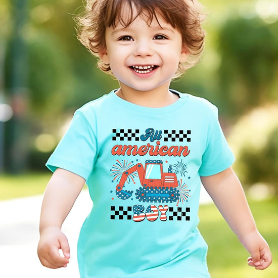 Side angle view of All American Boy patriotic construction shirt