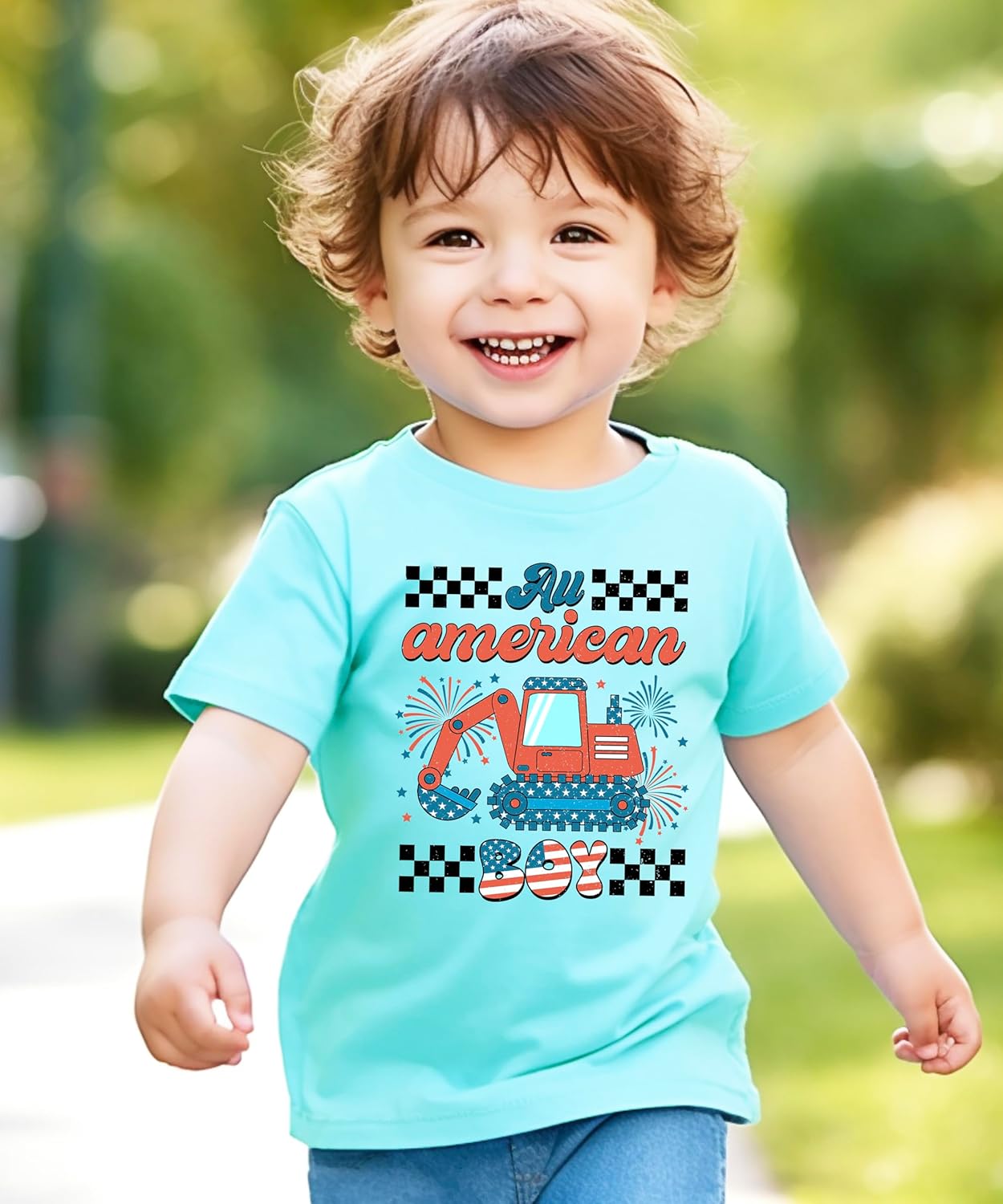 Side angle view of All American Boy patriotic construction shirt