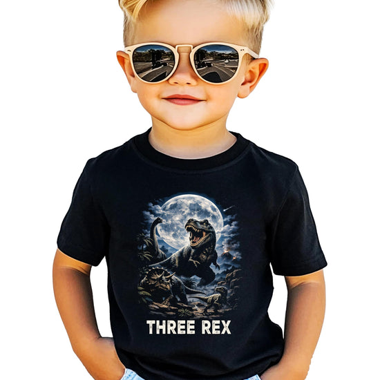 Back view of Three Rex birthday shirt showing plain black design