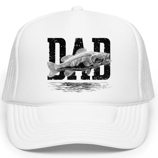 Bass fishing trucker hat displayed at angle showing structured foam front and mesh back construction
