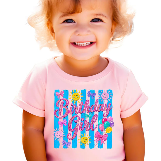 Birthday Girl graphic tee size chart and color options showing natural, pink and purple shirt colors