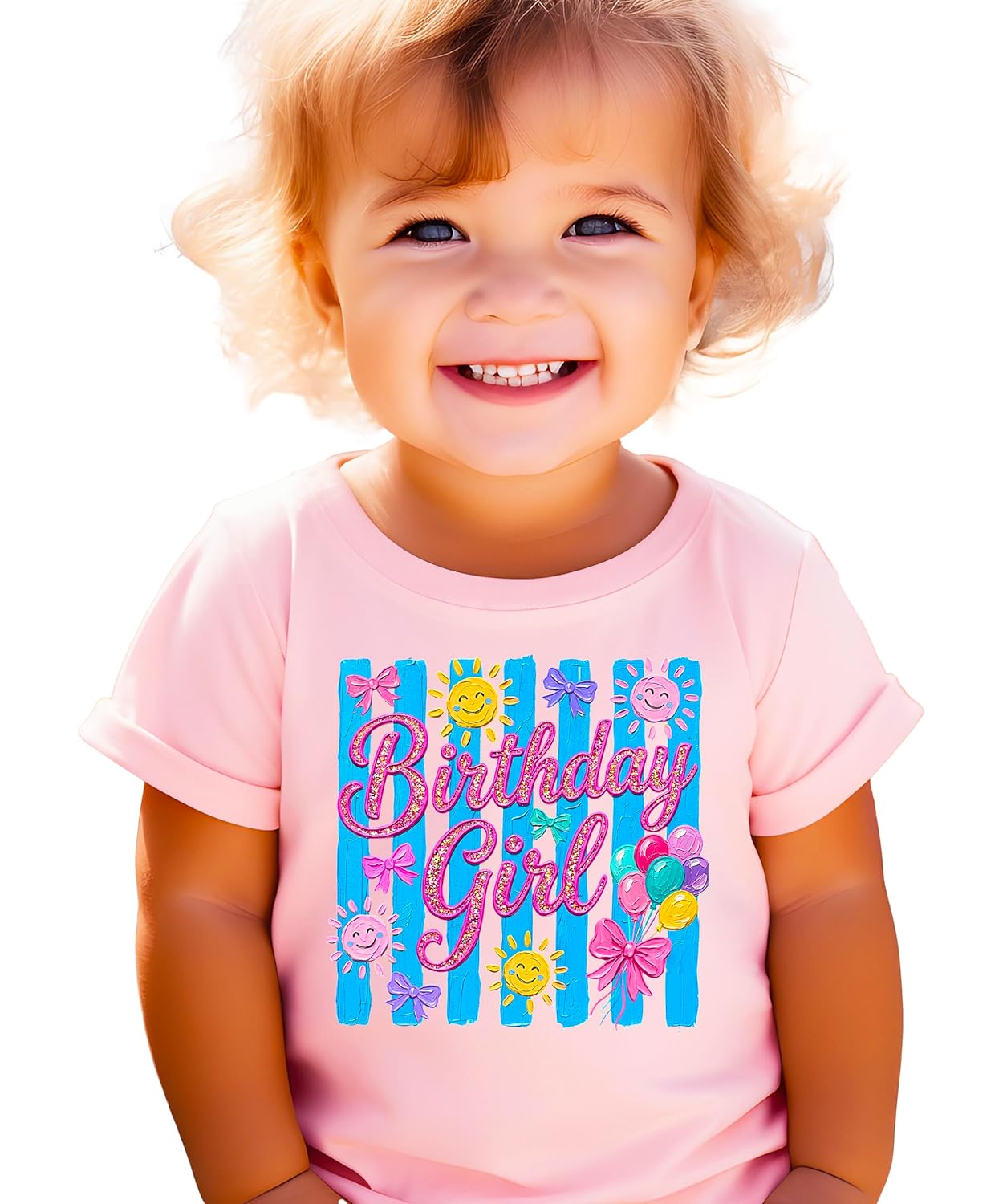 Birthday Girl graphic tee size chart and color options showing natural, pink and purple shirt colors