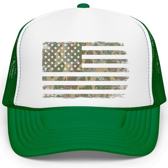 Side profile of camo American flag trucker hat showing mesh backing and snapback closure