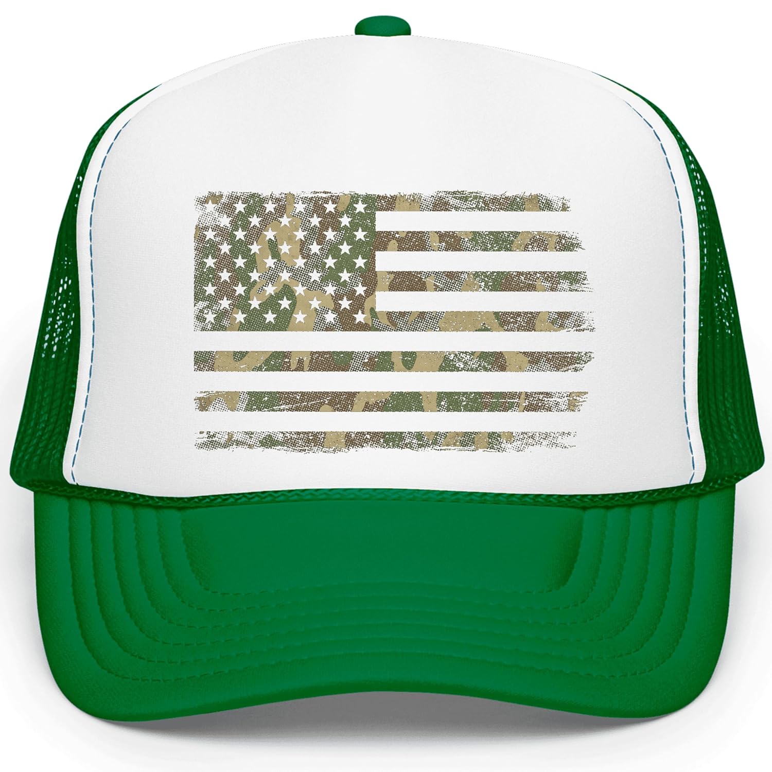 Side profile of camo American flag trucker hat showing mesh backing and snapback closure