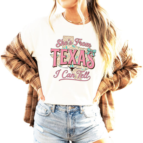 She's from Texas I Can Tell ivory graphic tee on model showing front design