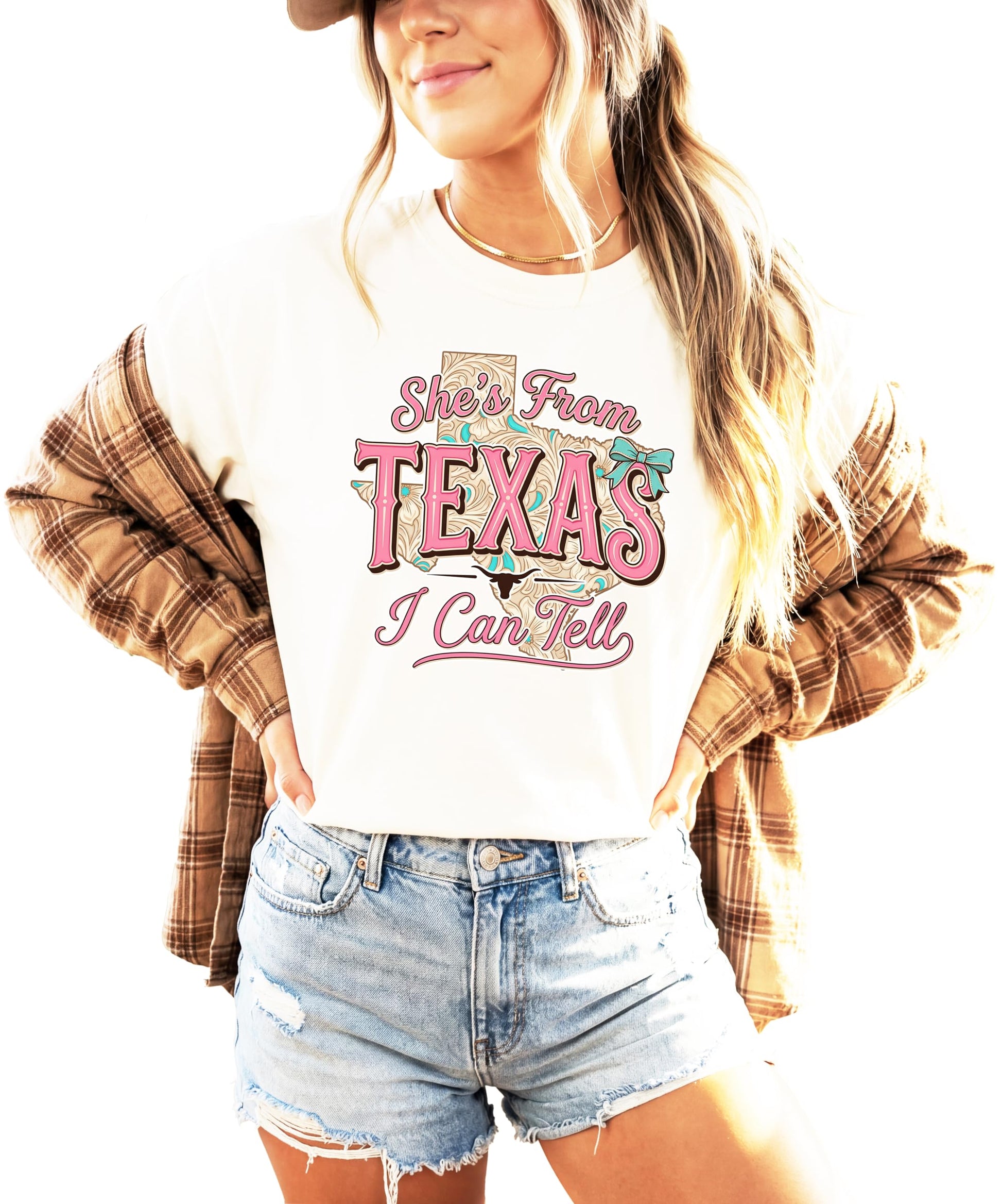 She's from Texas I Can Tell ivory graphic tee on model showing front design