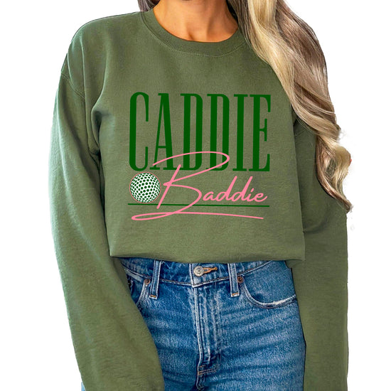 Back view of army green Caddie Baddie women's crewneck sweatshirt