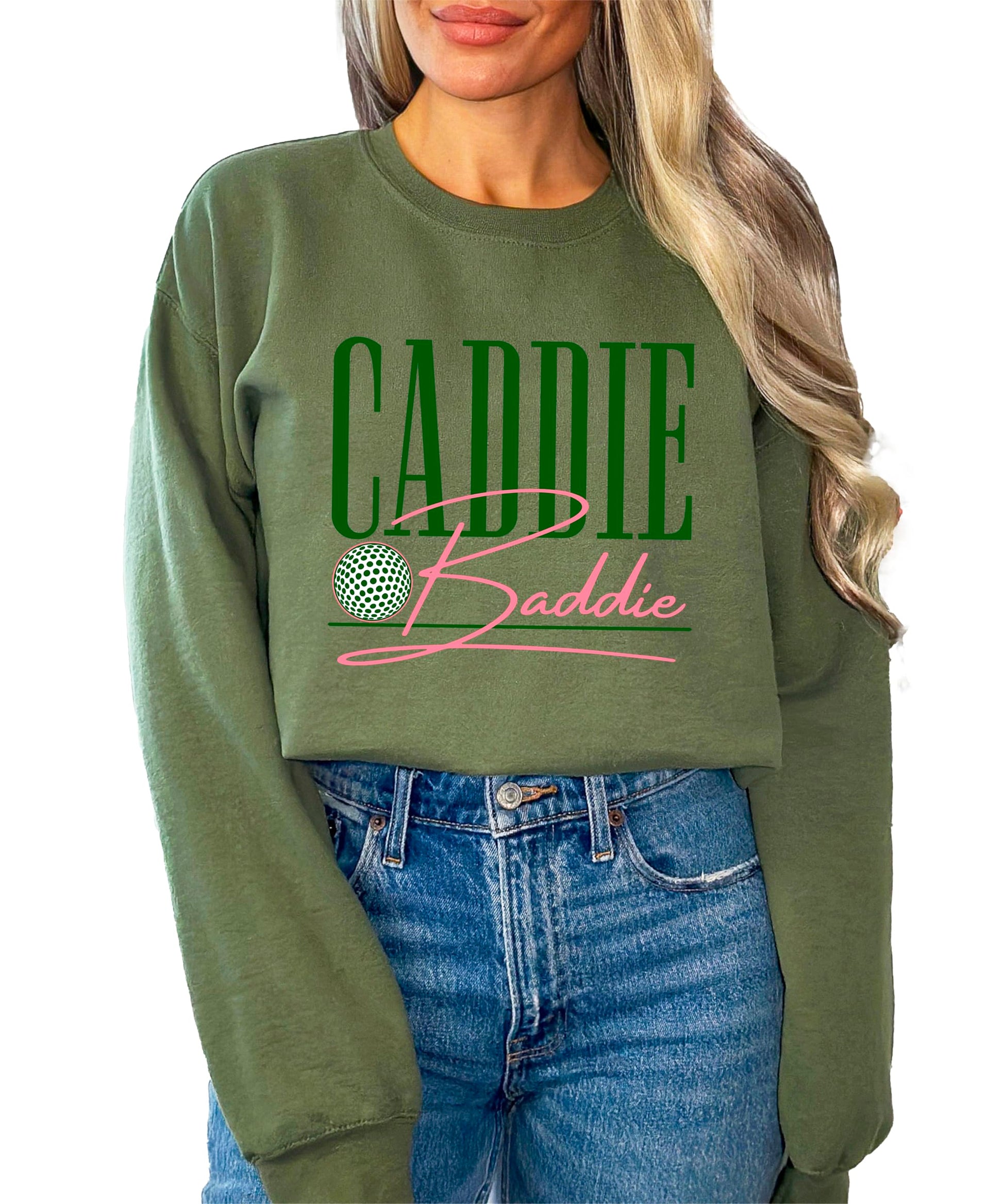 Back view of army green Caddie Baddie women's crewneck sweatshirt