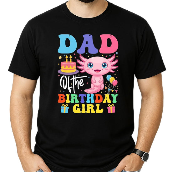 Black axolotl birthday mom shirt with colorful rainbow design and cute smiling axolotl graphics