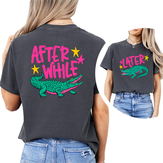 After While Crocodile back design on women's casual graphic tee