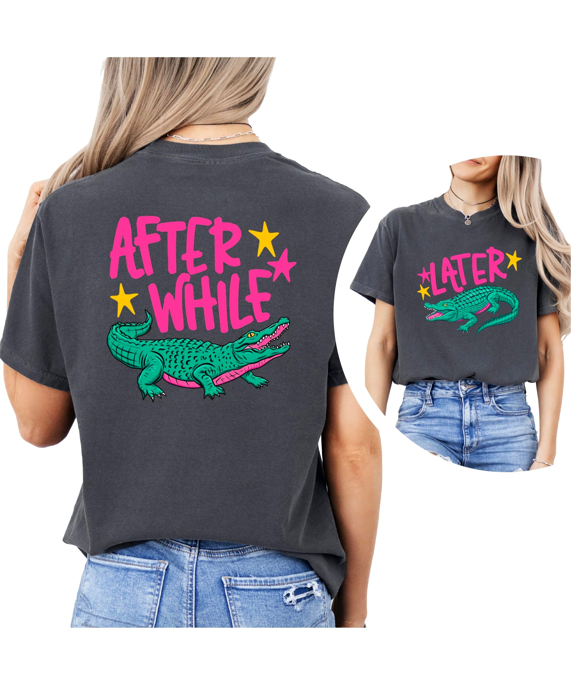 After While Crocodile back design on women's casual graphic tee