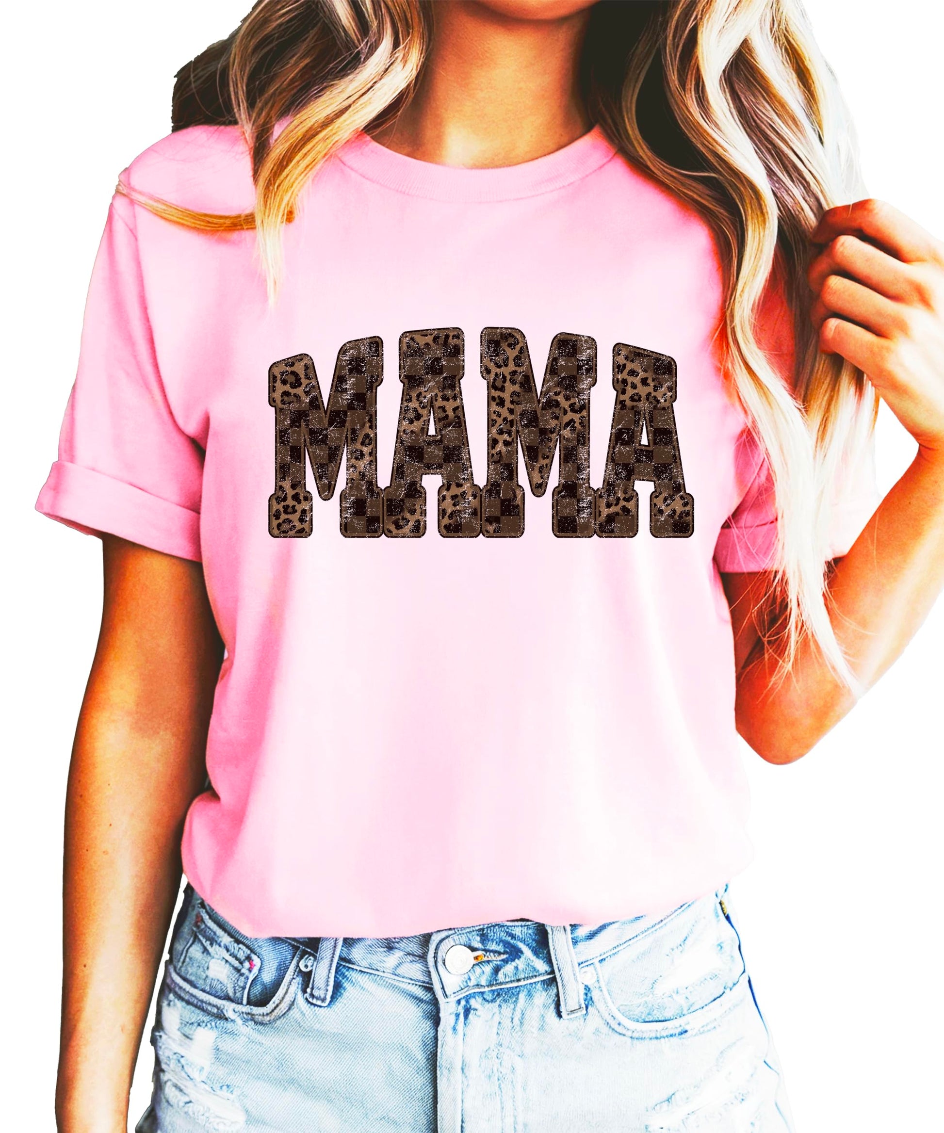 Side by side comparison of Mama and Mini matching leopard checkered shirts