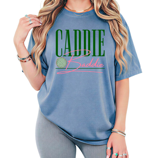 Back view of women's Caddie Baddie golf graphic tee