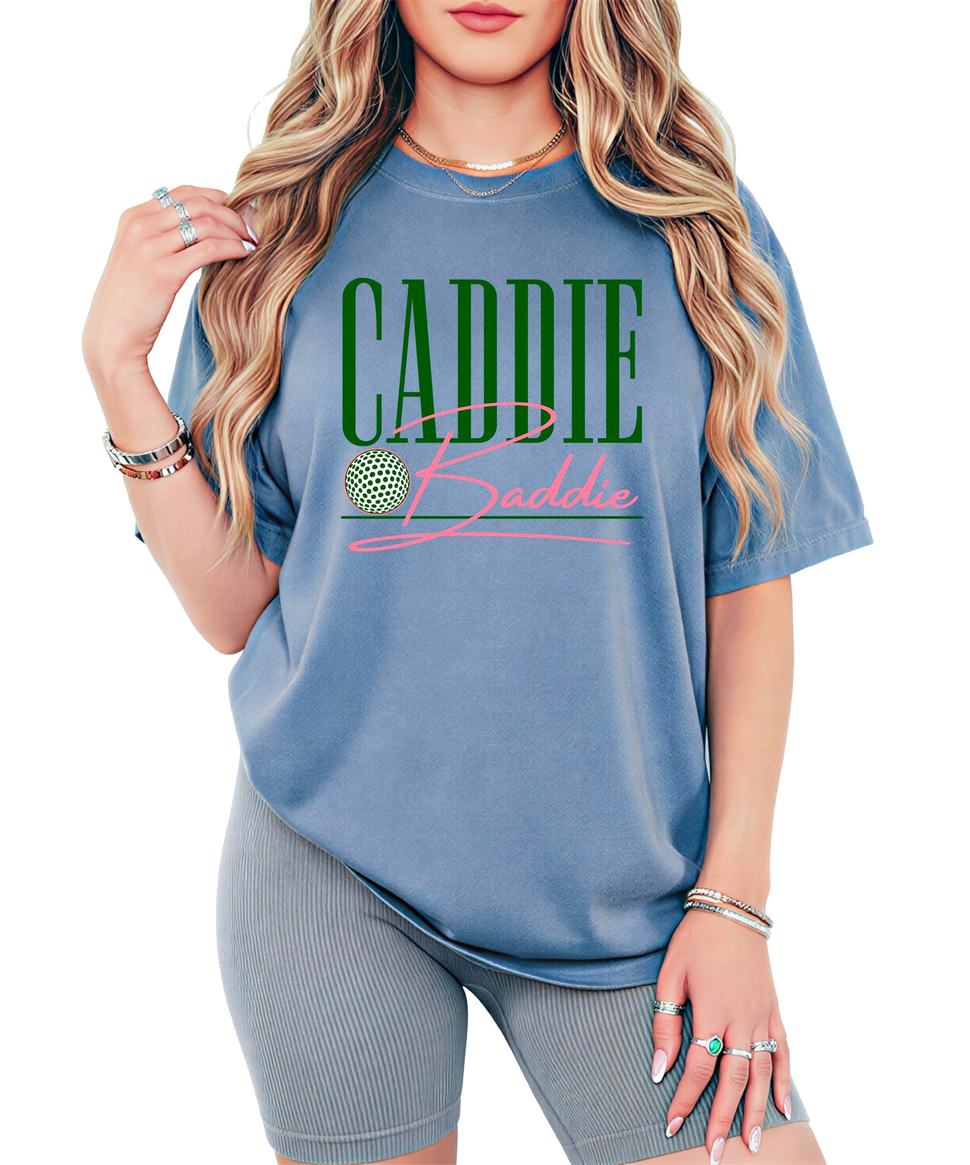 Back view of women's Caddie Baddie golf graphic tee