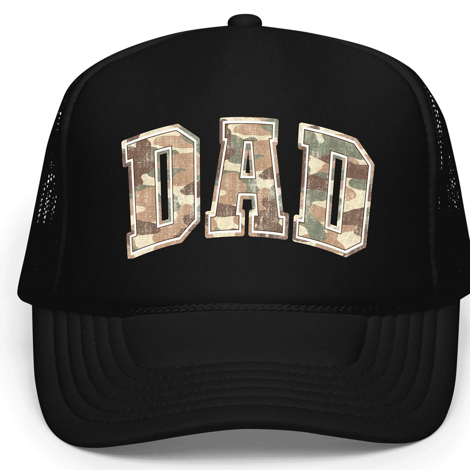 Dad camo trucker hat with varsity DAD lettering in woodland camouflage print on structured foam front
