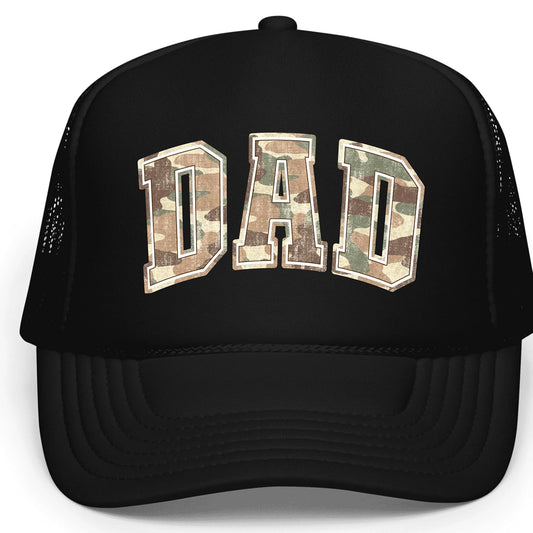 Dad camo trucker hat with varsity DAD lettering in woodland camouflage print on structured foam front