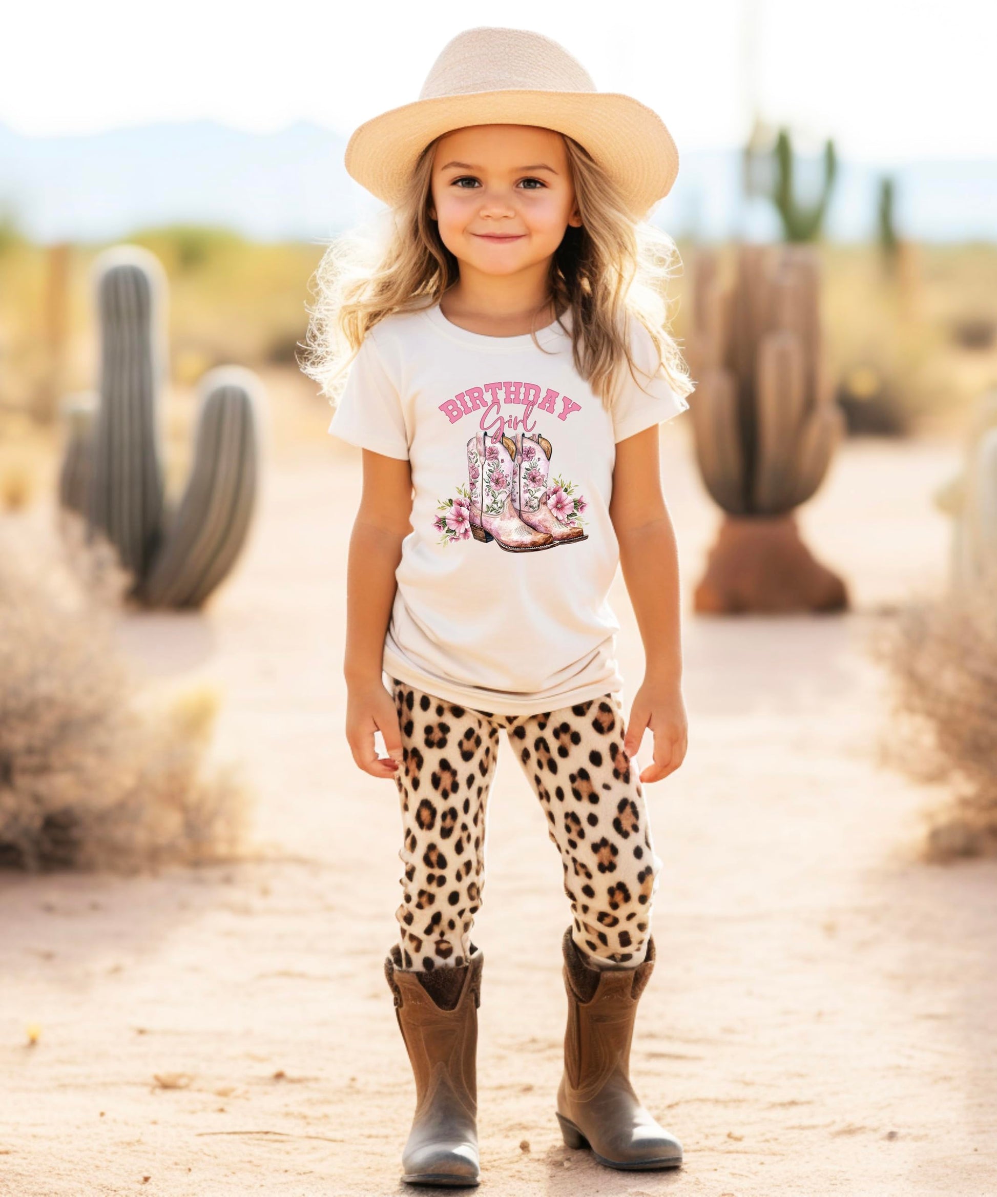 Western themed birthday shirt with pink boots design modeled on child or mannequin