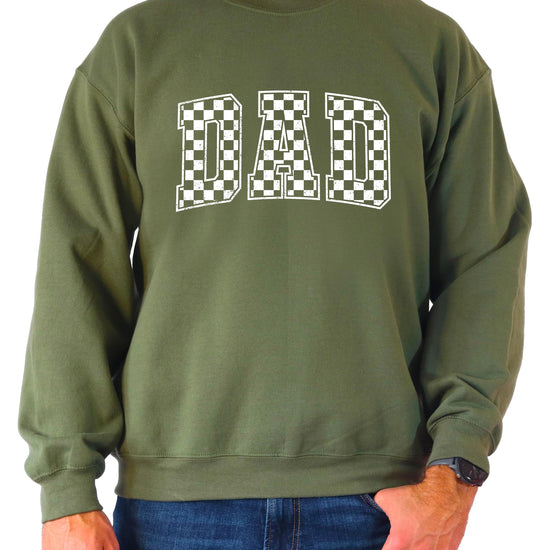 Army green Dad checkered graphic sweatshirt with bold black lettering and vintage pattern