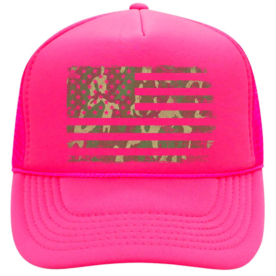 White and black camo American flag trucker hat with foam front and mesh back