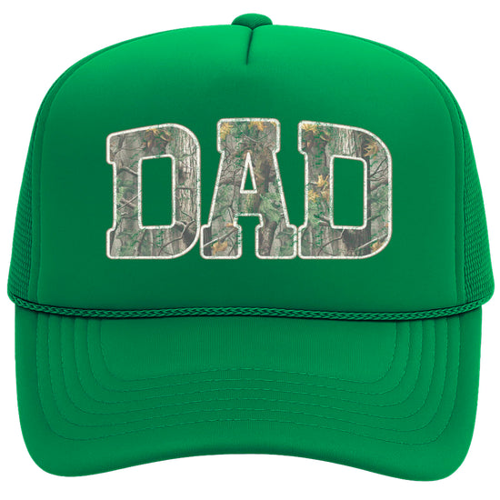 Side view of Dad camo trucker hat showing mesh back and snapback closure