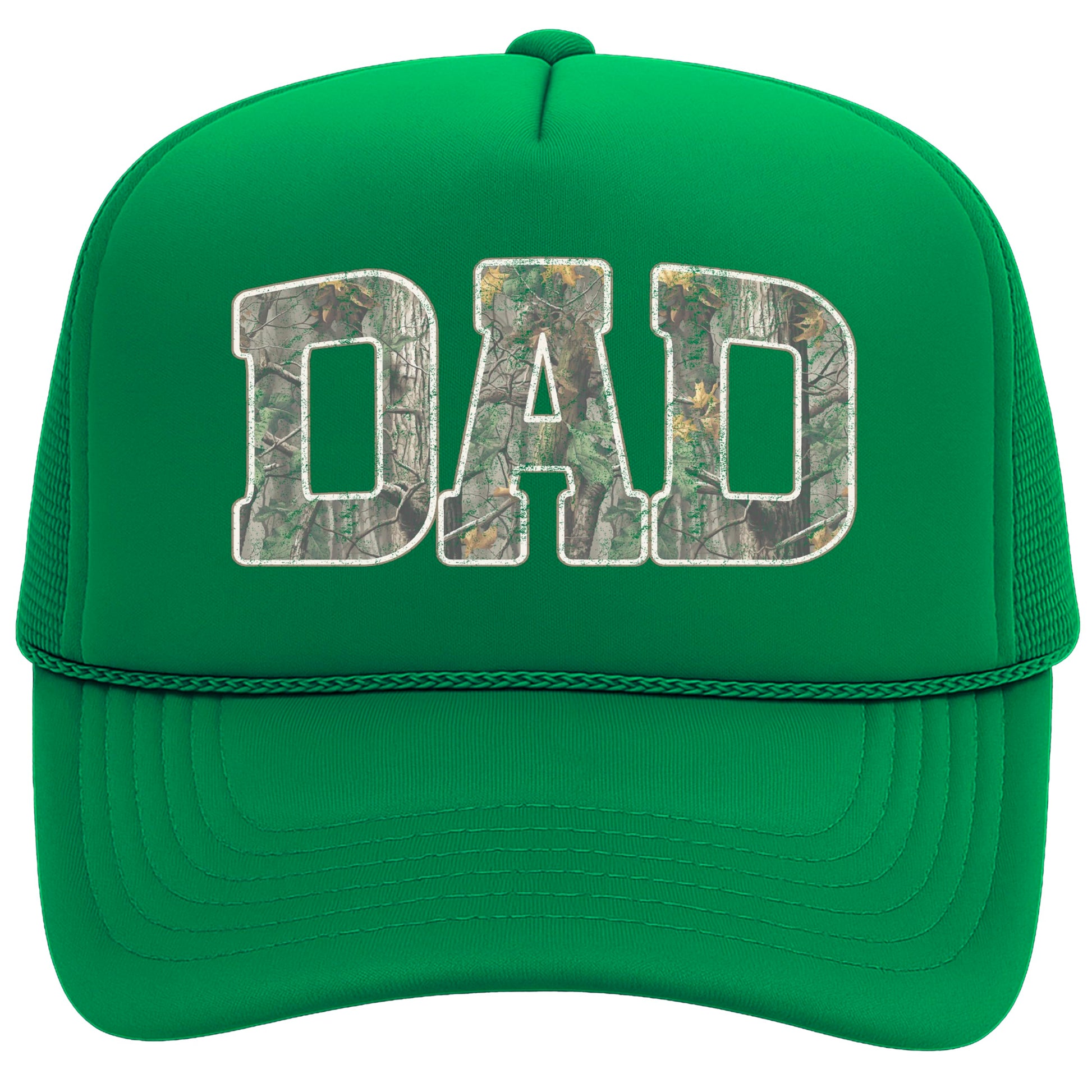 Side view of Dad camo trucker hat showing mesh back and snapback closure