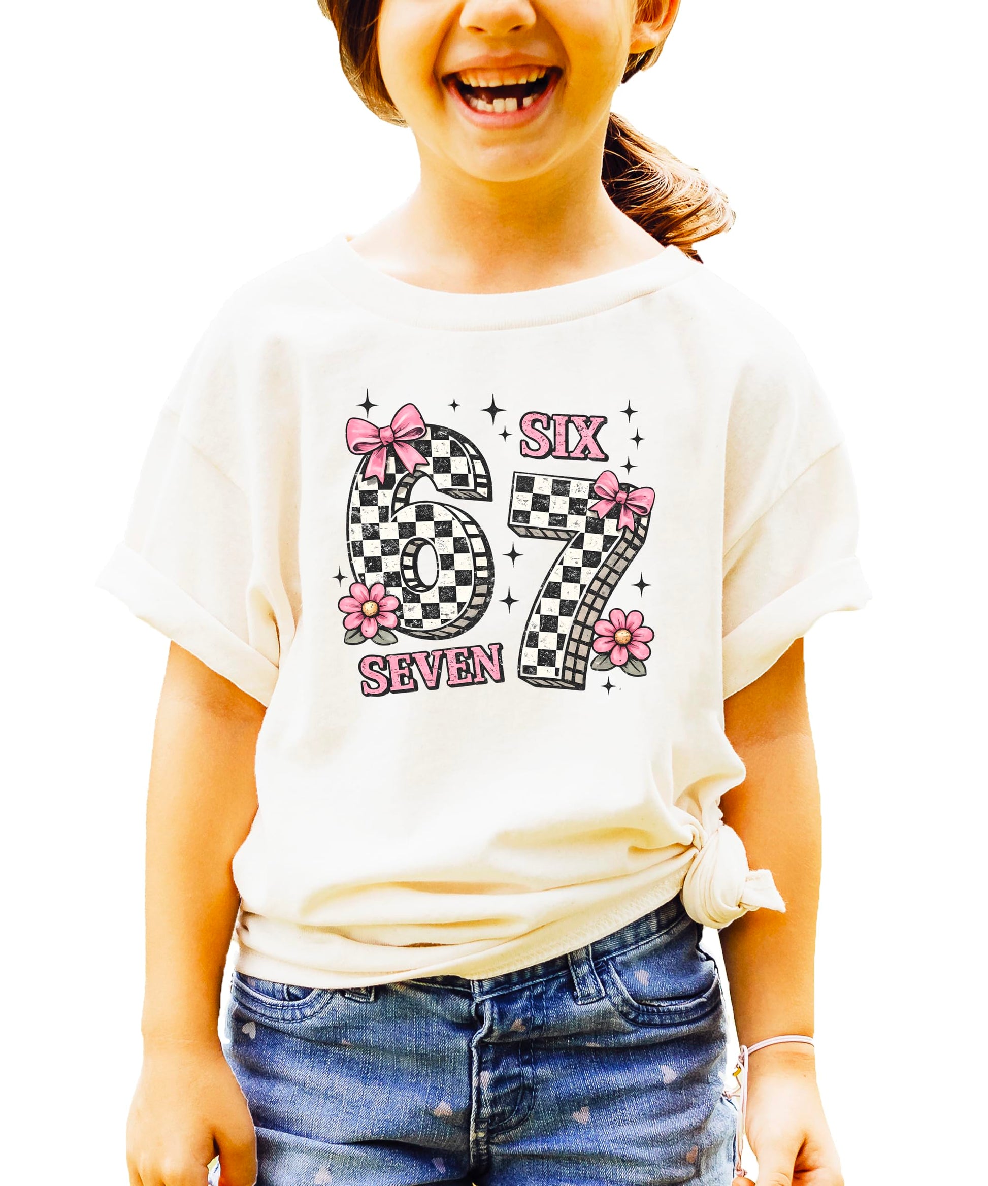 Six Seven birthday shirt with pink bows and checkered numbers on natural tee