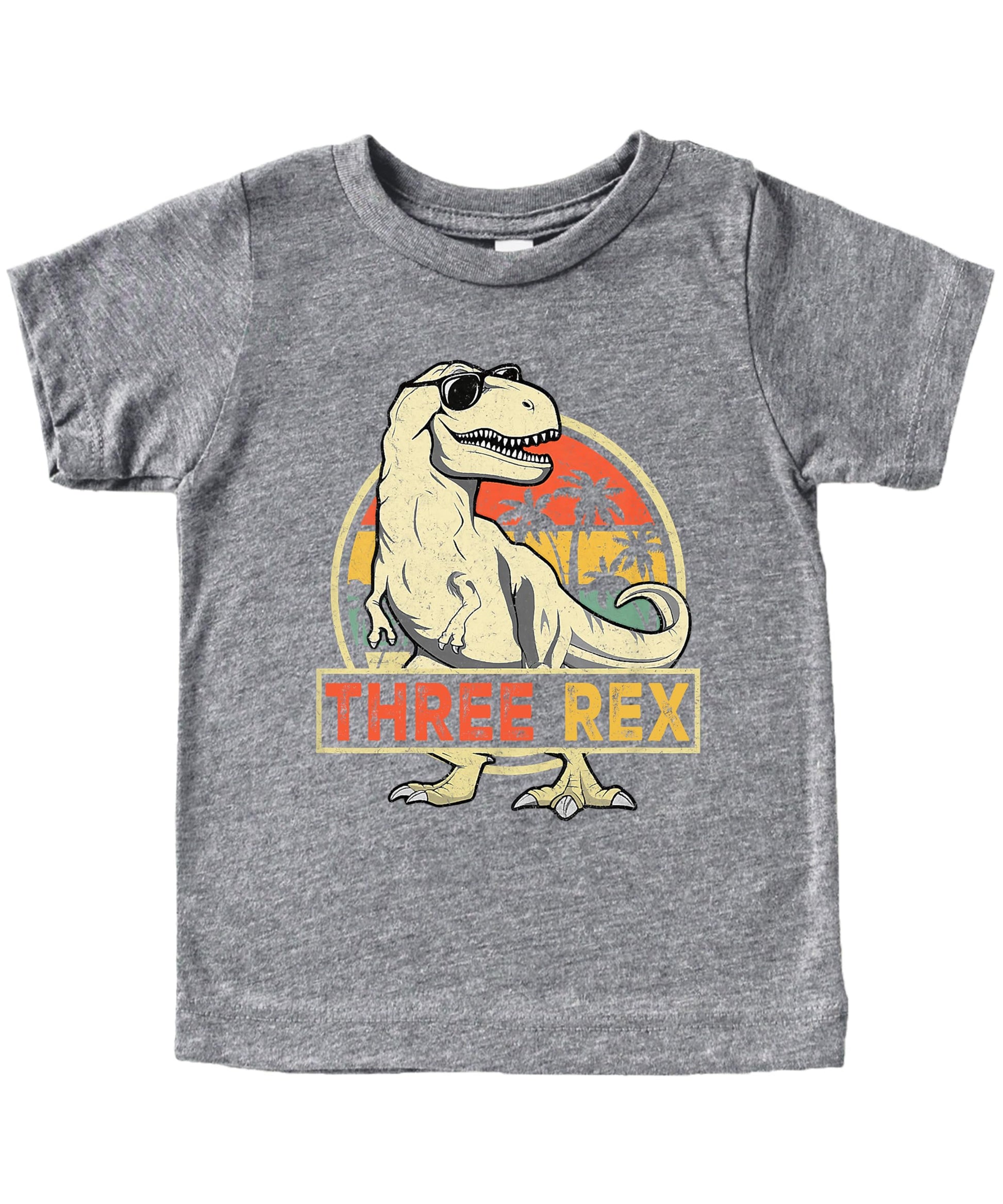 Close-up of Three Rex birthday shirt design showing cartoon dinosaur and text