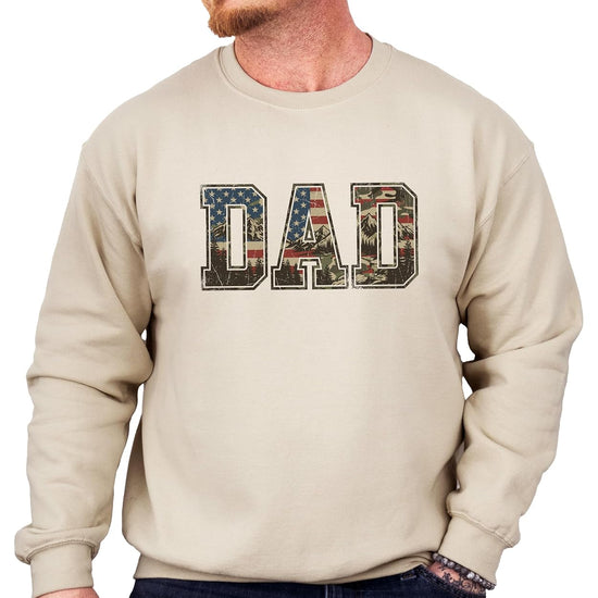 Model wearing white patriotic dad sweatshirt with American flag mountain camo design