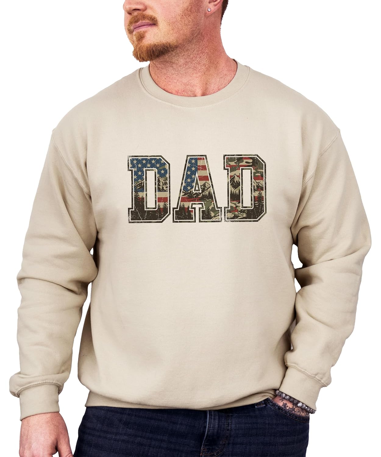 Model wearing white patriotic dad sweatshirt with American flag mountain camo design