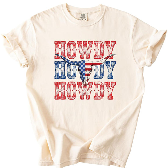 Howdy Howdy Howdy American flag bull skull graphic tee in ivory with red, white and blue vintage design
