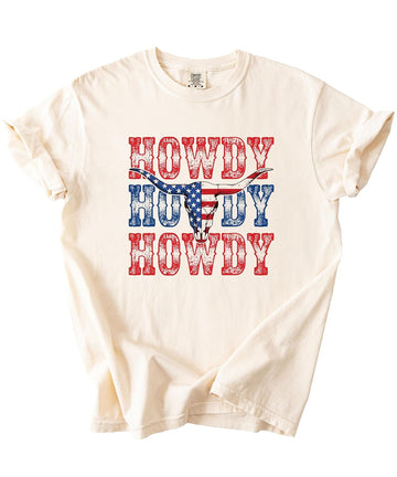 Howdy Howdy Howdy American flag bull skull graphic tee in ivory with red, white and blue vintage design