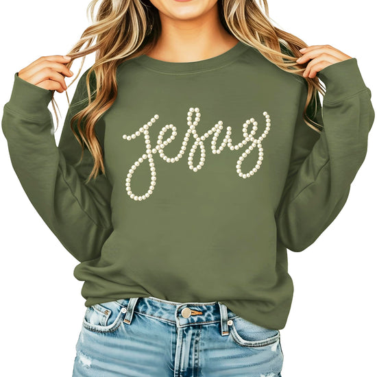 Back view of plain army green Jesus faith sweatshirt for women