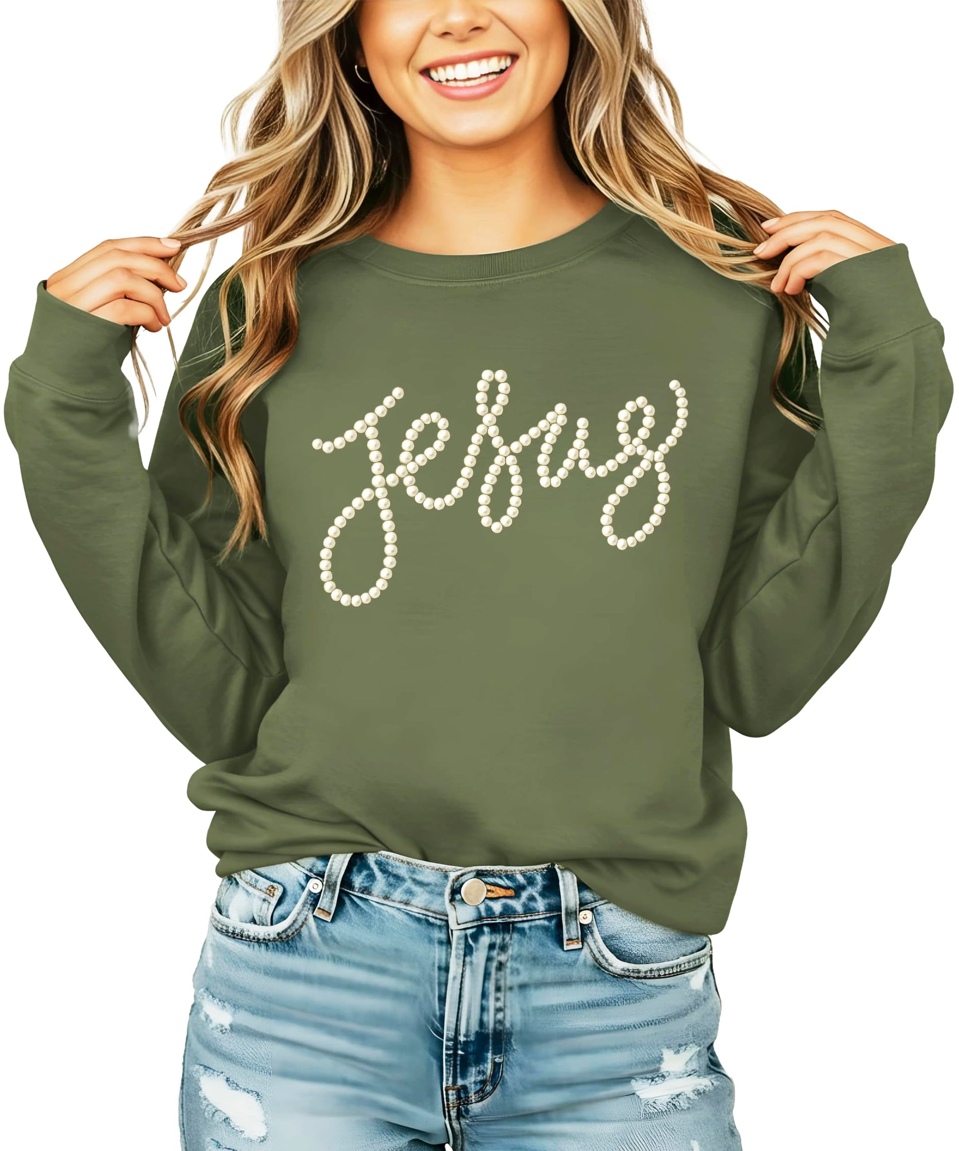 Back view of plain army green Jesus faith sweatshirt for women
