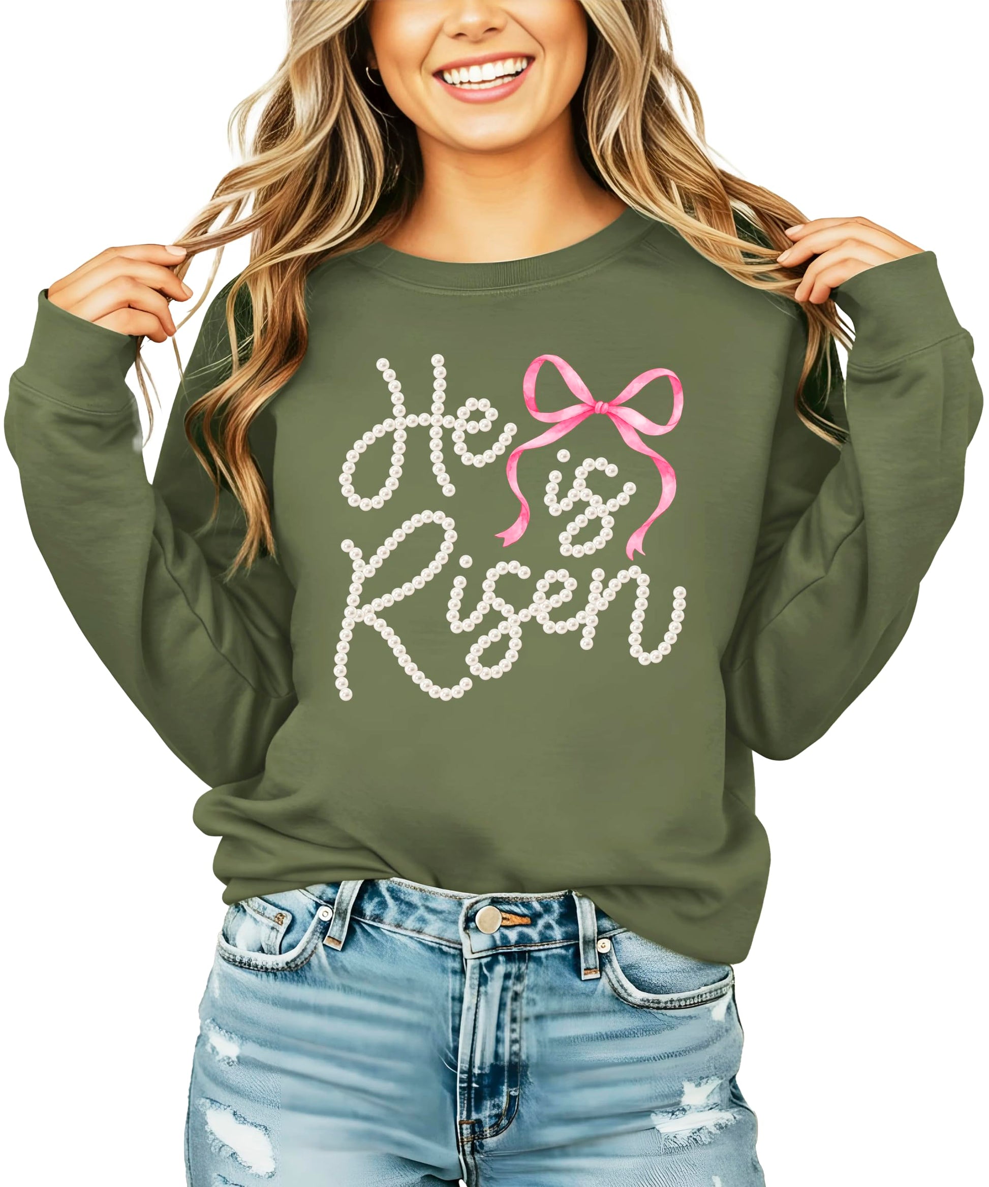 Army green He Is Risen Easter sweatshirt with pearl lettering and bow design for women
