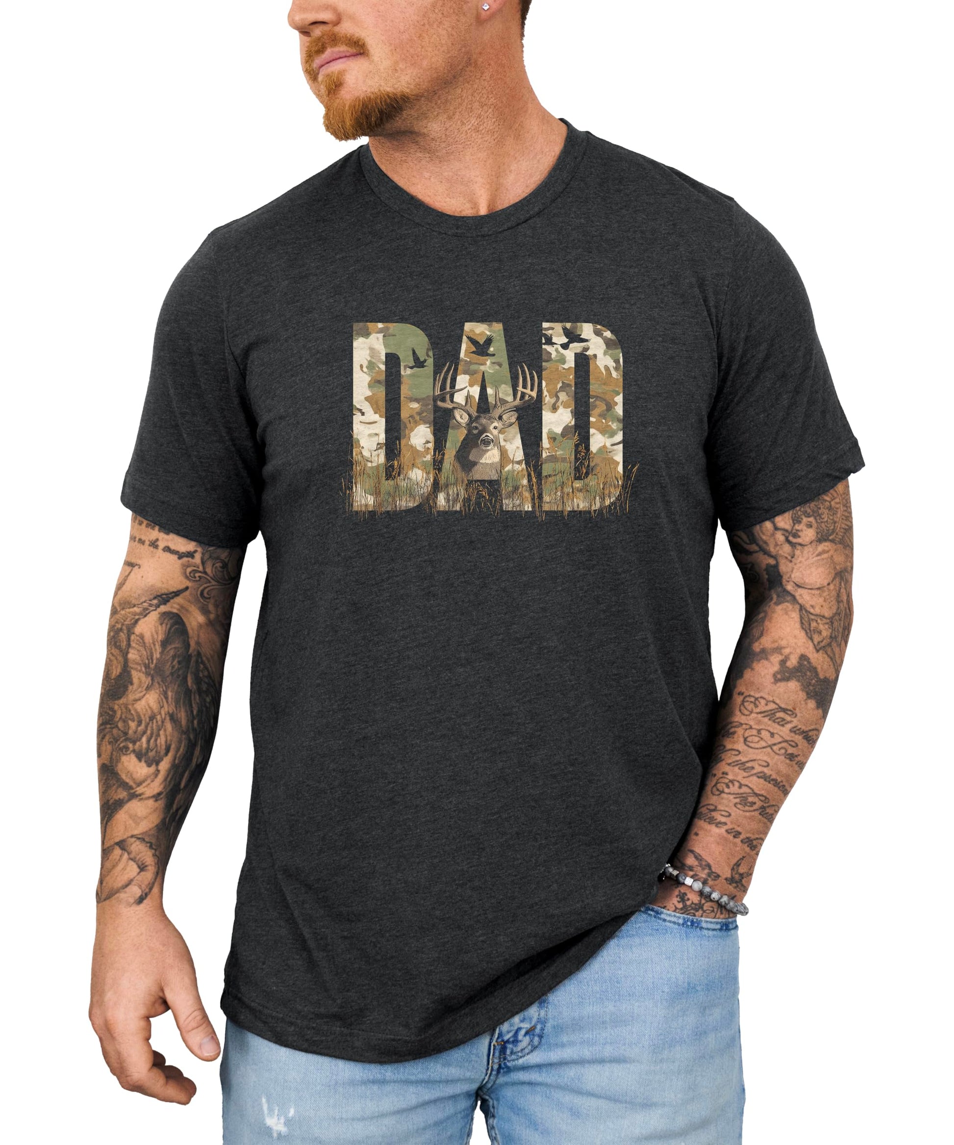 Flat lay of black DAD hunter shirt displaying full camo lettering and buck design