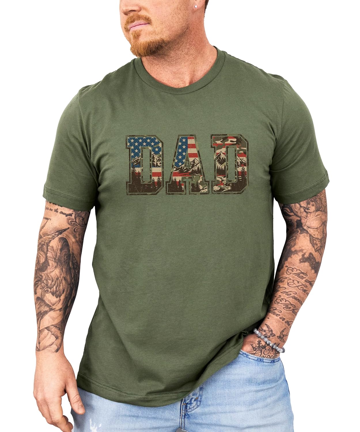 Patriotic dad shirt laid flat showing full DAD design with woodland camo and flag elements