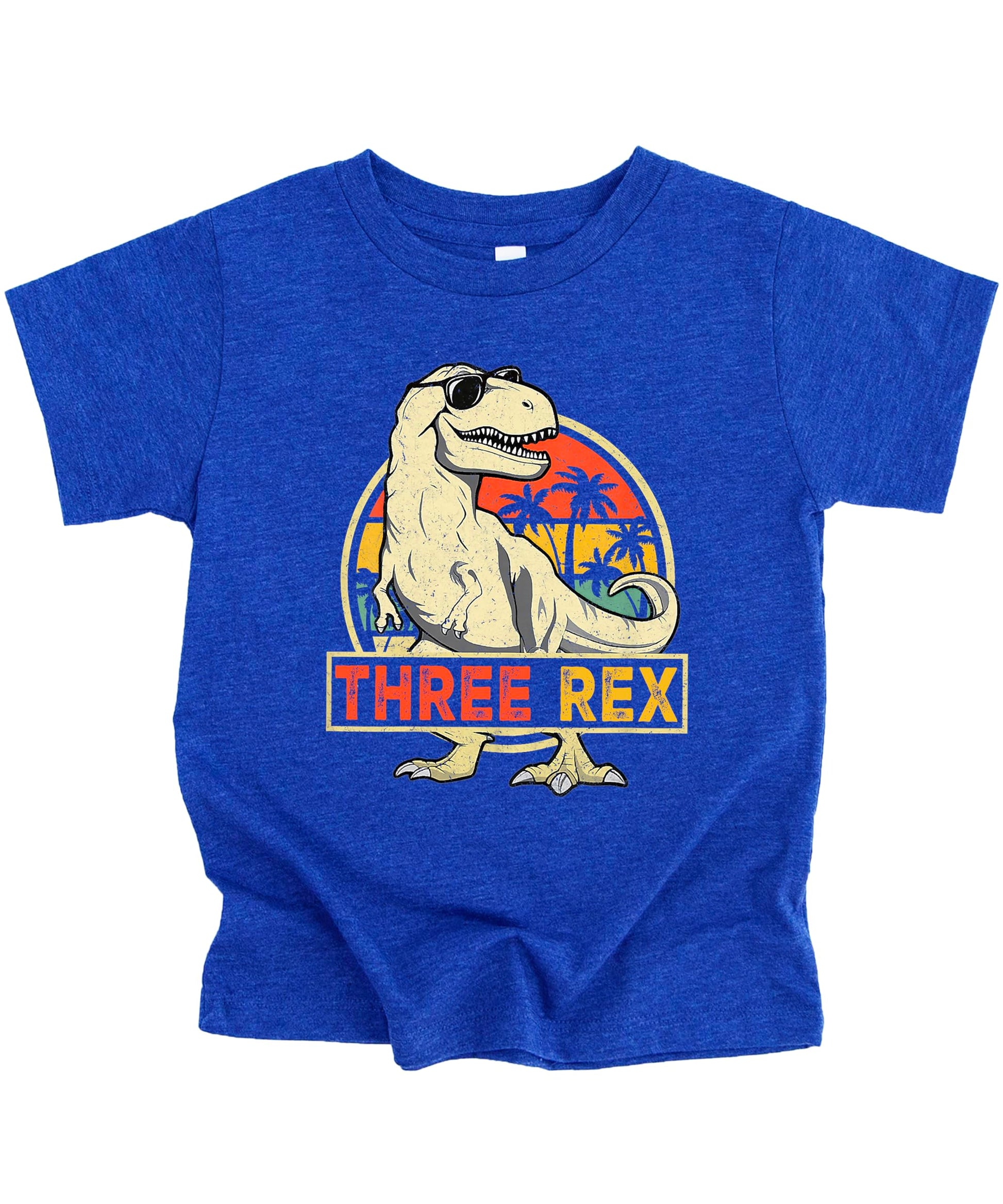 Toddler wearing black Three Rex 3rd birthday dinosaur shirt front view