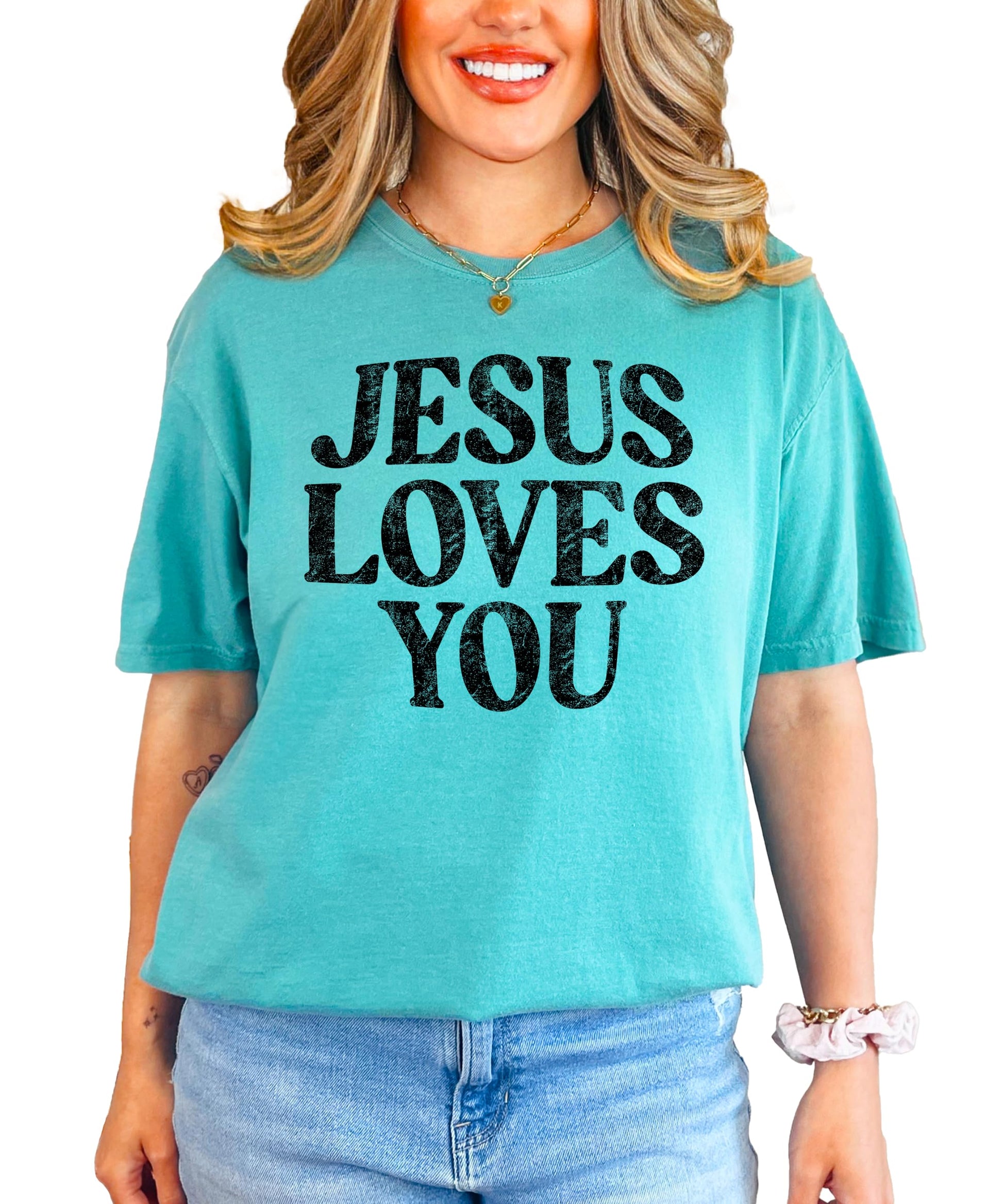 Jesus Loves You shirt styled with accessories showing Easter church outfit potential