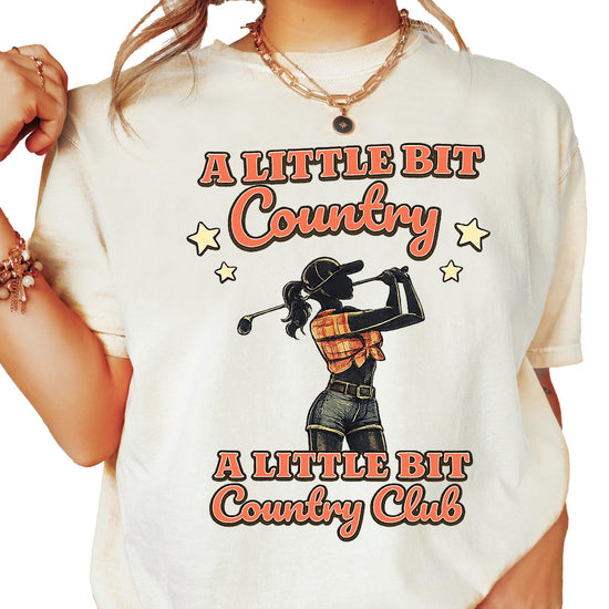 Back view of women's blue country golf graphic tee shirt