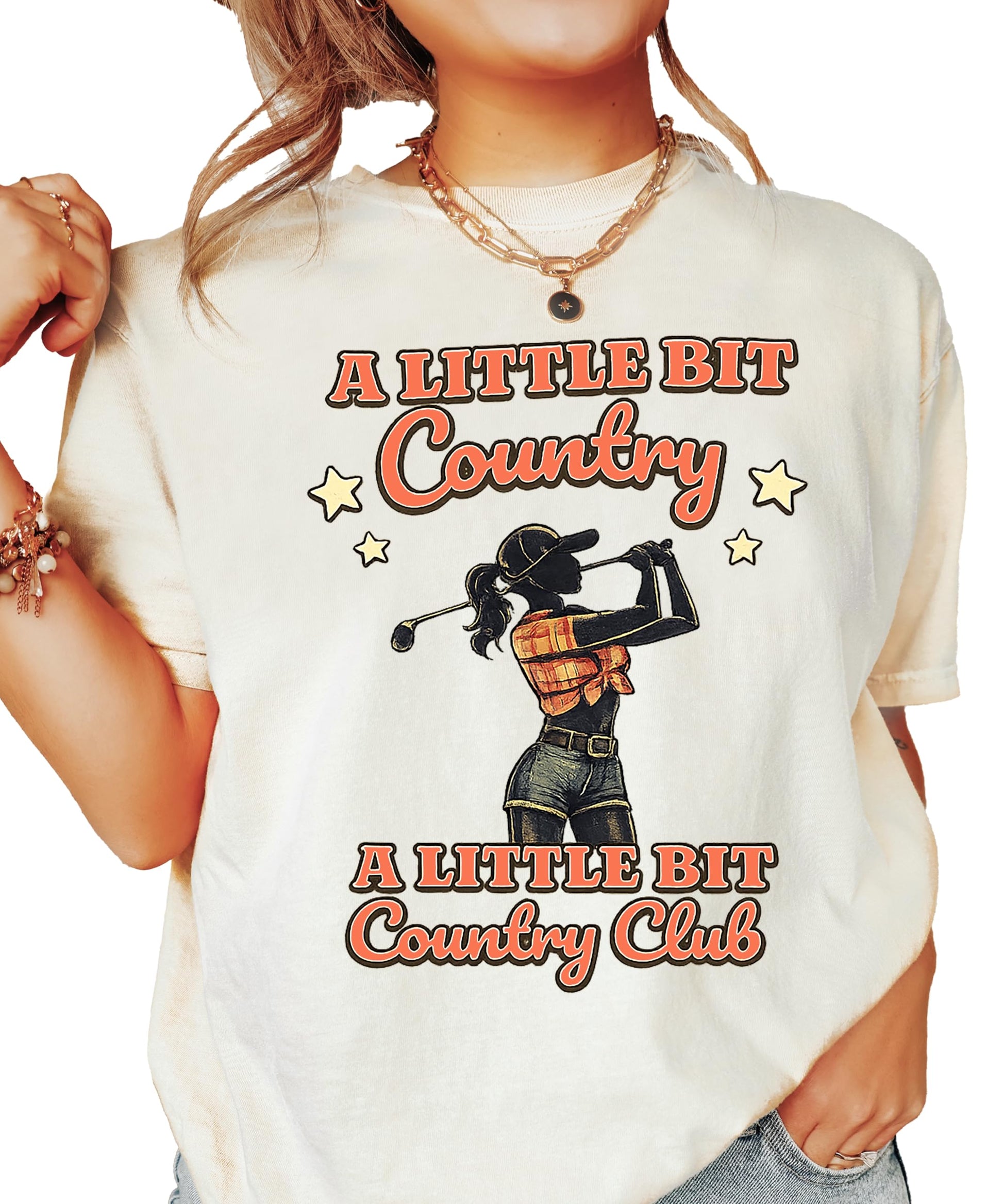 Back view of women's blue country golf graphic tee shirt